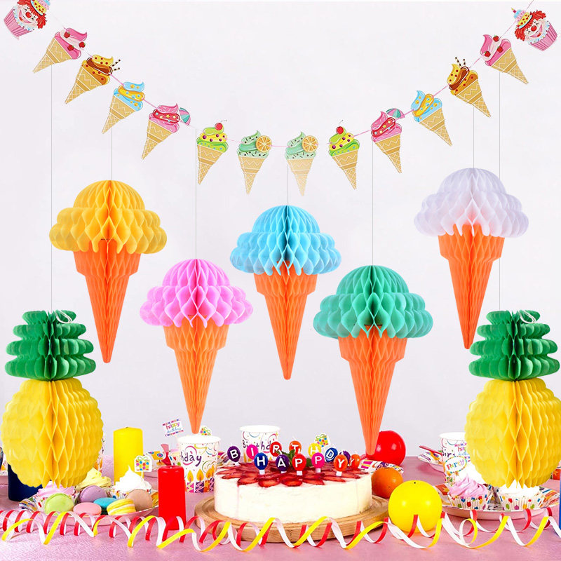 幼儿园走廊过道夏天开学季氛围吊饰雪糕蜂窝生日派对装饰蛋糕灯笼