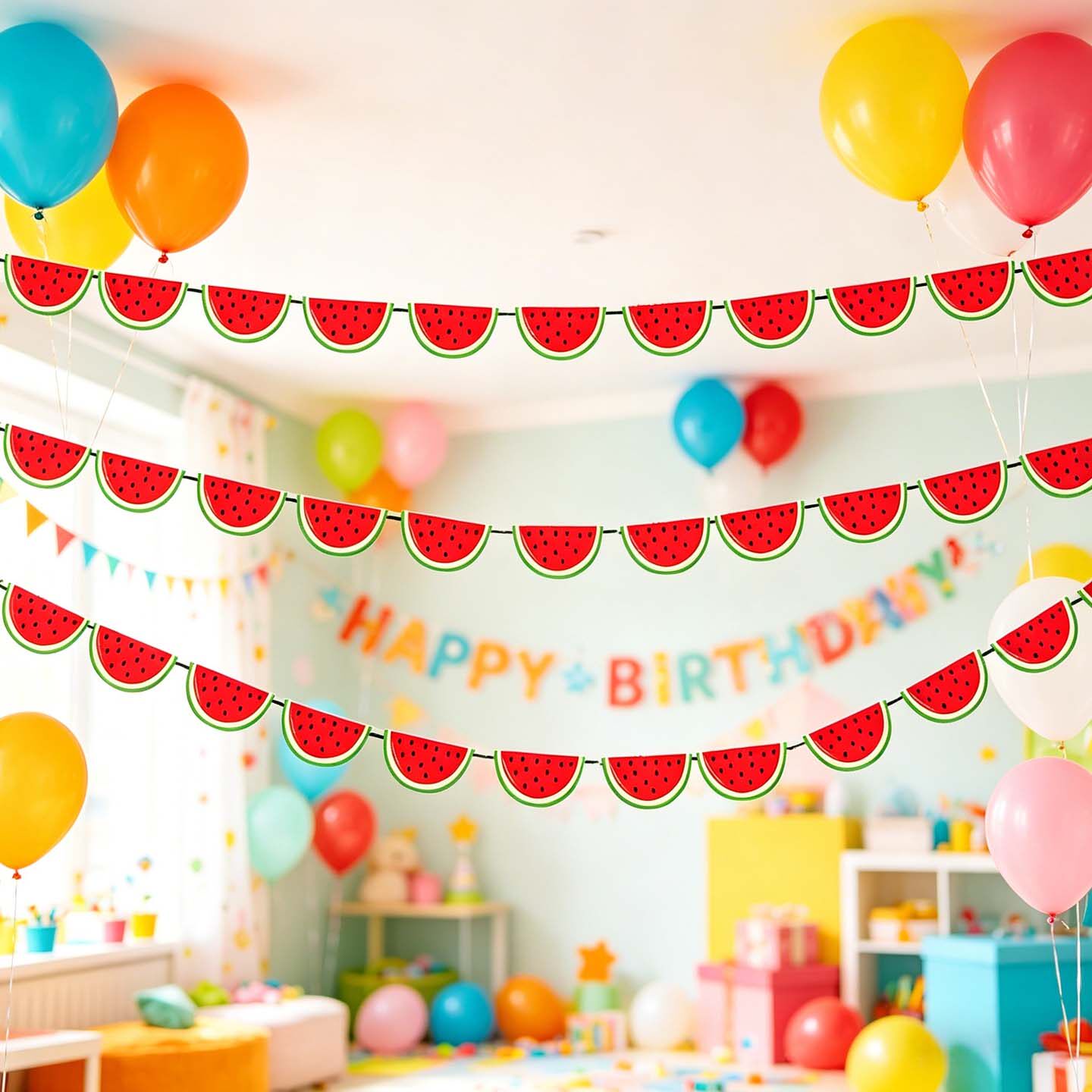 幼儿园教室六一环创装饰西瓜拉花露营帐篷布置挂饰生日派对三角旗