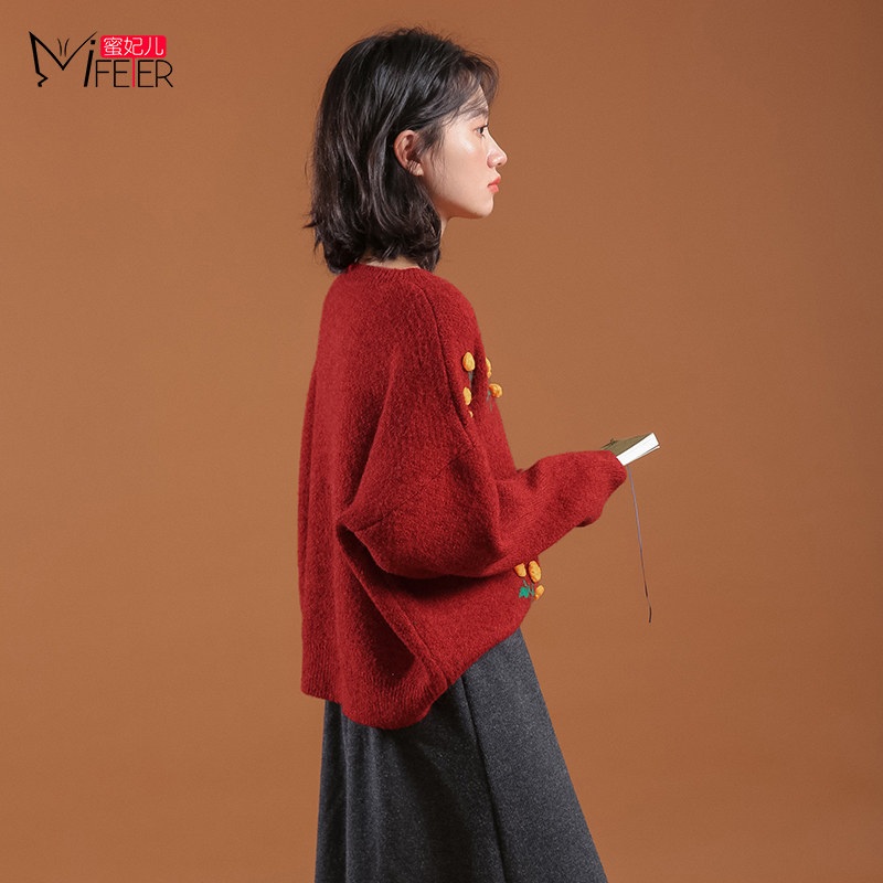 蜜妃儿樱桃过年红色毛衣女宽松外穿2020新款秋冬圣诞加厚短款上衣