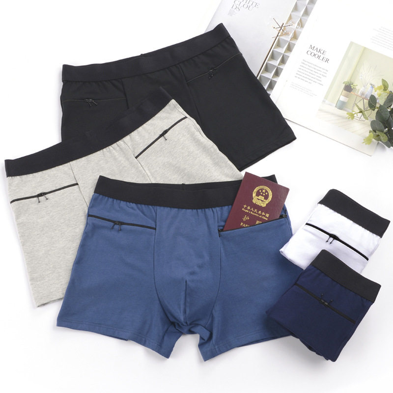 出国旅游双口袋防盗拉链内裤男士高腰大码内裤纯棉裤带兜平角裤头
