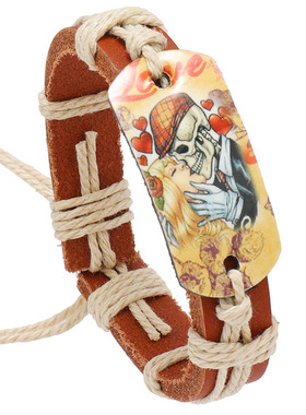 跨境配饰欧美流行可调节牛皮手链简约手工编织烫画图腾彩色手环