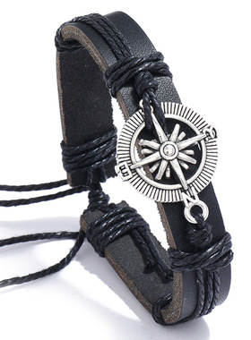 欧美外贸新款饰品个性复古编织黑色牛皮手链简约抽拉调节男士手环