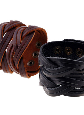 欧美朋克复古男士宽皮牛皮手链速卖通稳定货源手工编织真皮手链