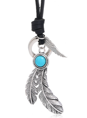 民族风黑色牛皮项链羽毛吊坠