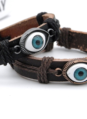 复古时尚风眼睛真皮编织手链