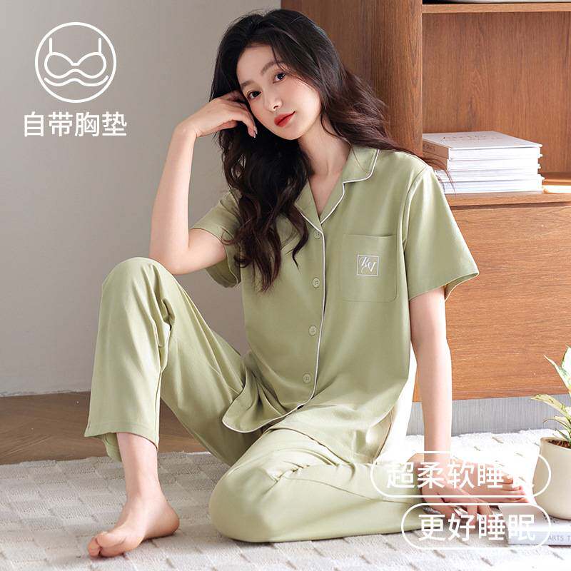 官方正品妈妈睡衣女夏季纯棉带胸垫短袖长裤2026年新款可外穿家居