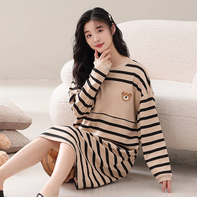 官方正品【带胸垫】2026新款睡裙女春秋纯棉长袖睡衣大码条纹长裙