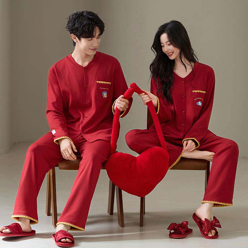 官方正品7A抗菌红色情侣睡衣结婚纯棉男本命年春夏季家居服套装新