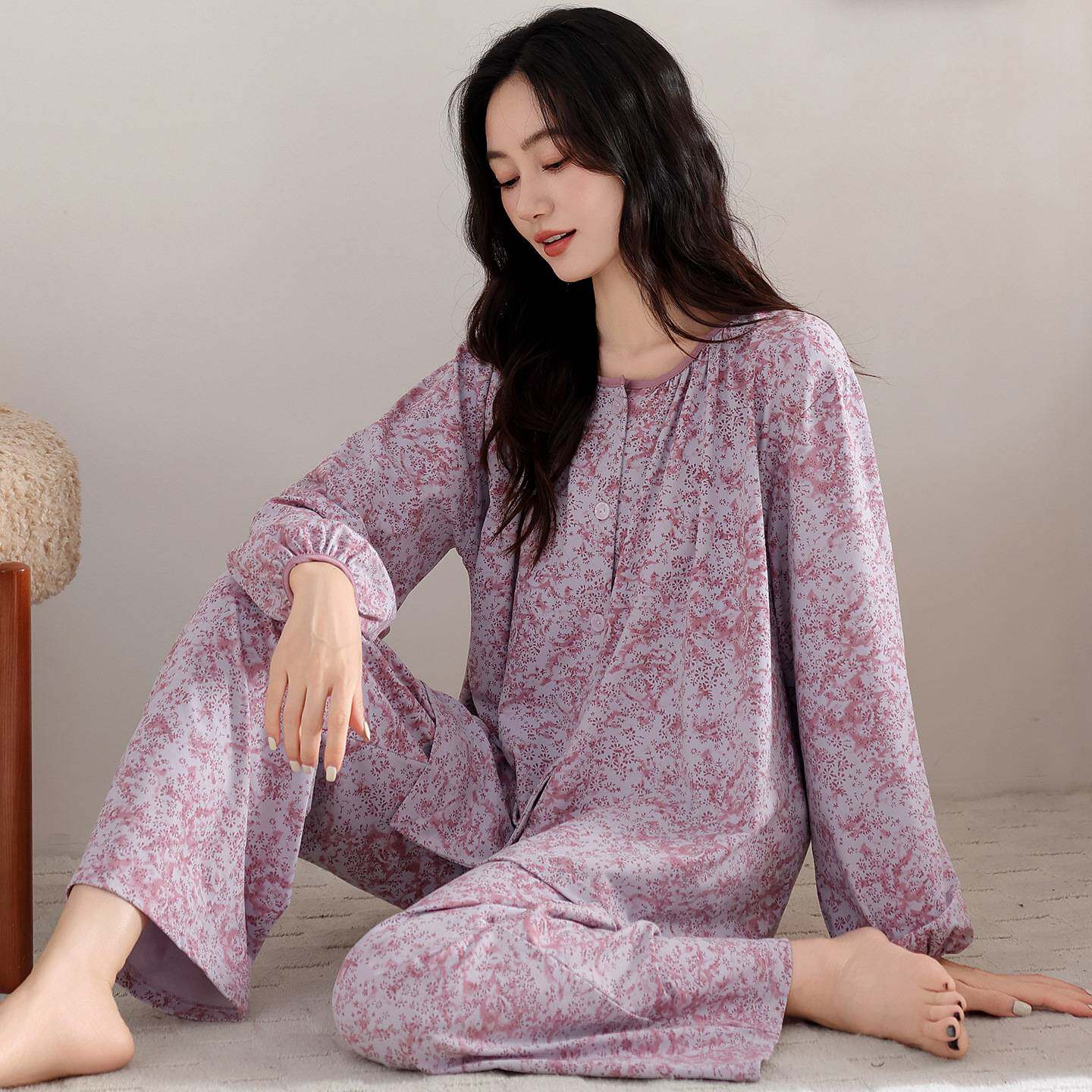 官方正品睡衣女款春秋季新款带胸垫纯棉长袖中年妈妈高级感一体家