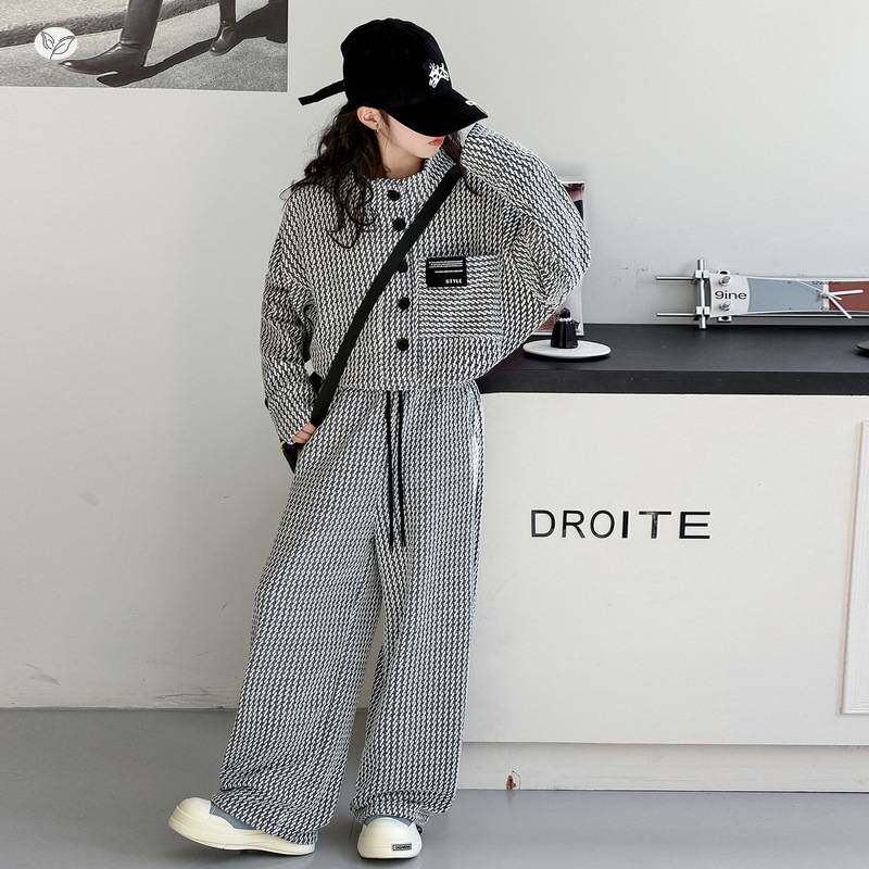 官方正品女童条纹套装2026年春季新款韩系立领外套阔腿裤两件套中