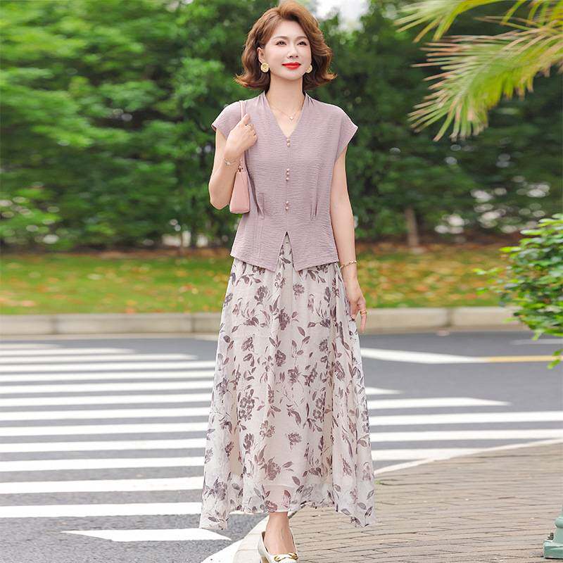 官方正品年轻妈妈装夏装连衣裙两件套中年女装夏季短袖上衣洋气半