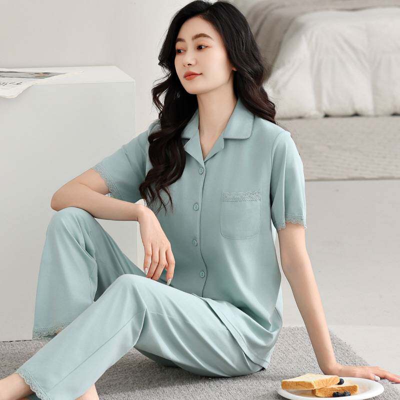 官方正品2026新款睡衣女夏季纯棉短袖长裤薄款宽松大码中年妈妈家