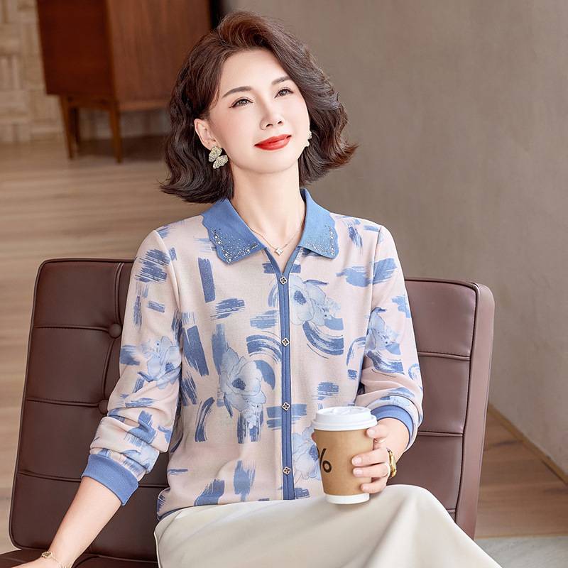 官方正品奶奶秋装针织衫翻领洋气长袖小衫中老年女装打底衫妈妈装