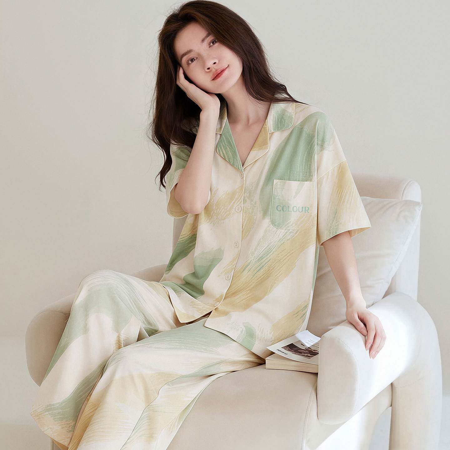 官方正品2026年新款睡衣女纯棉短袖长裤家居服薄款翻领开衫夏季休