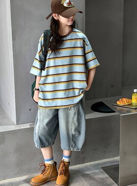 官方正品女童夏装套装韩版中大童洋气条纹短袖T恤儿童牛仔中裤两