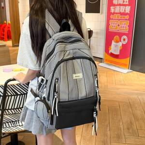 官方正品格纹潮流休闲双肩包女初高中大学生书包大容量轻便护脊电
