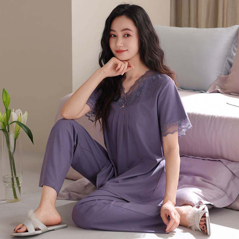 官方正品莫代尔棉睡衣女款夏季短袖长裤中年妈妈高级感蕾丝花边家