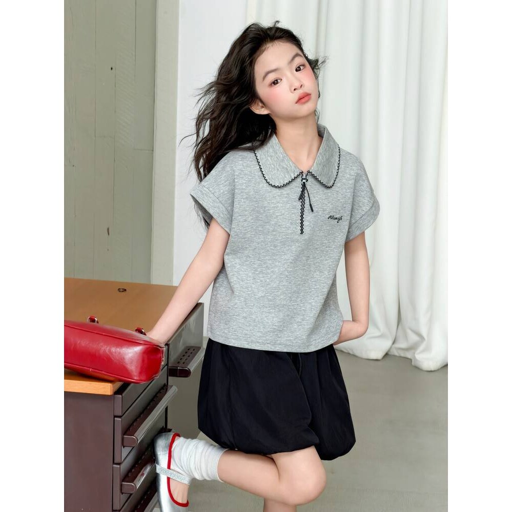 官方正品女童POLO时髦炸街套装夏季洋气中大童女孩短袖T恤花苞短