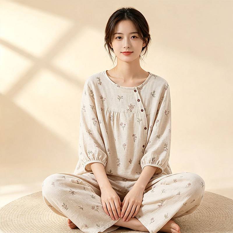 官方正品春秋季棉麻女士家居服圆领印花七分袖长裤舒适透气可外穿
