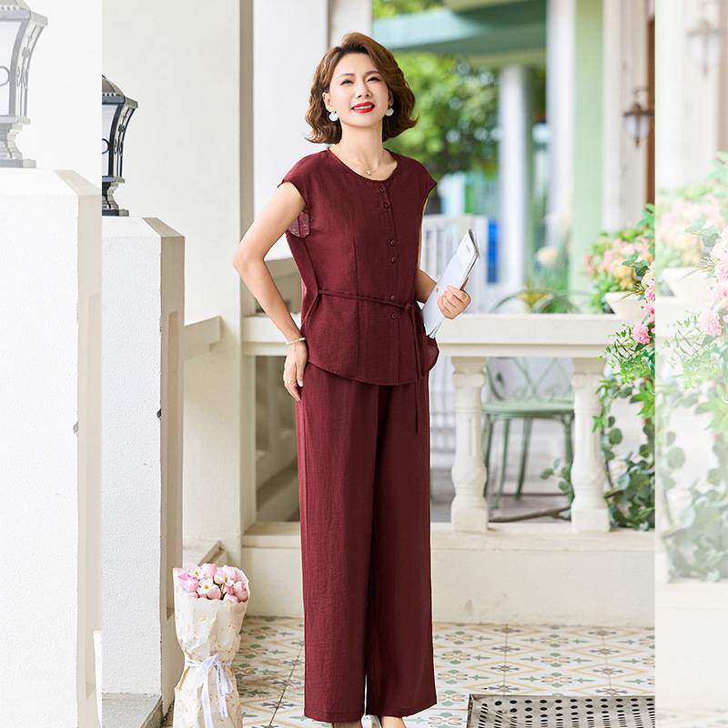 官方正品妈妈夏装纯色短袖阔腿裤两件套中老年高级感上衣显瘦减龄