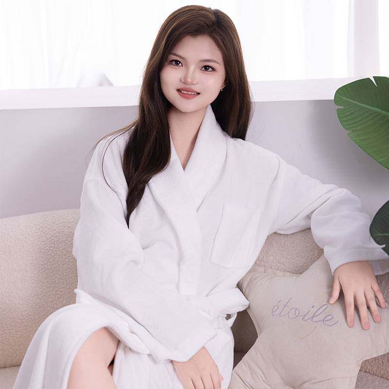 官方正品春秋季女款开衫睡袍纯棉女士浴袍白色长袍休闲款厂家