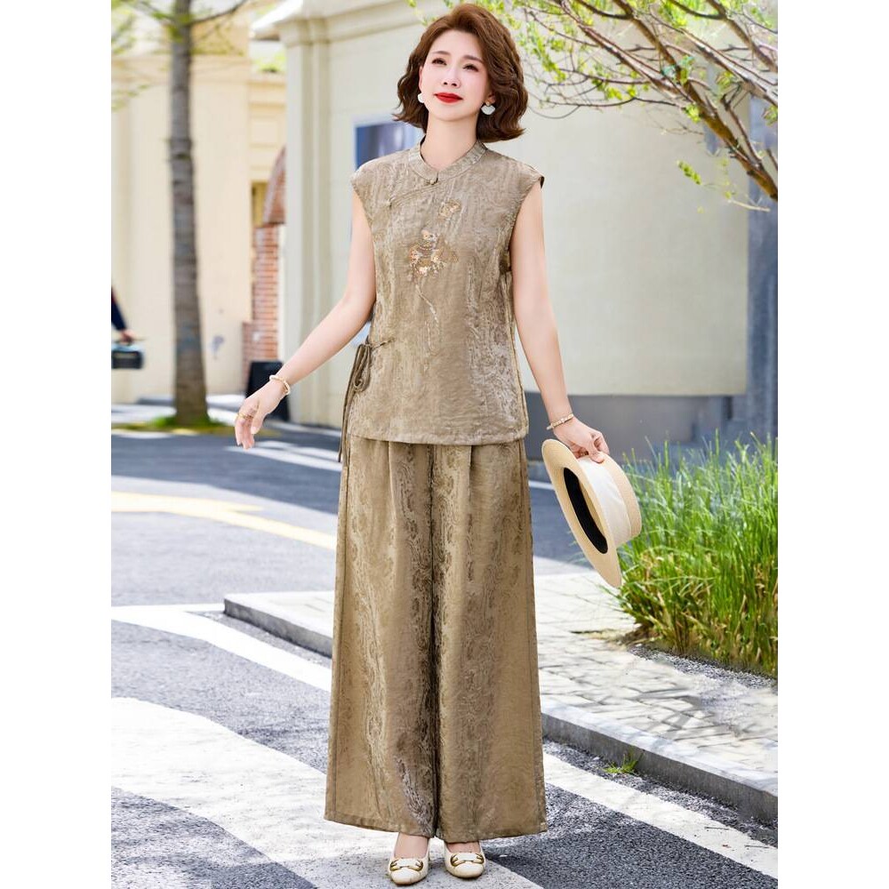 官方正品妈妈夏装套装2026新款中老年女装洋气T恤新中式简约高级