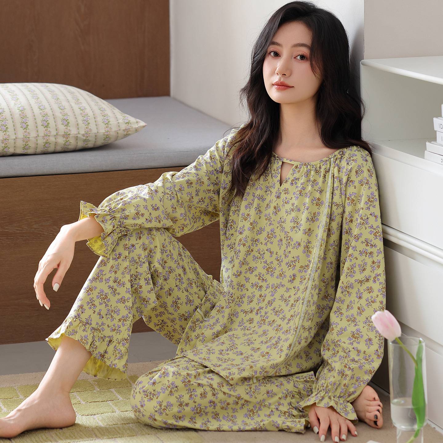 官方正品睡衣女款春秋季纯棉长袖绿色高级感中年妈妈宽松贵妇家居