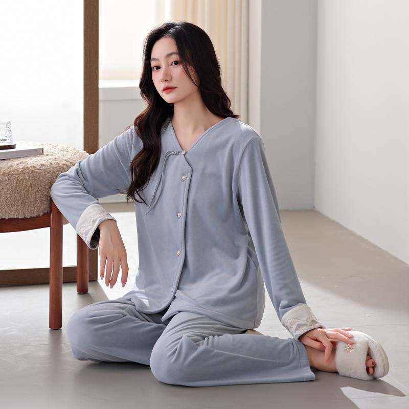 官方正品海岛绒睡衣女士秋冬季薄款珊瑚绒中式复古家居服春秋大码