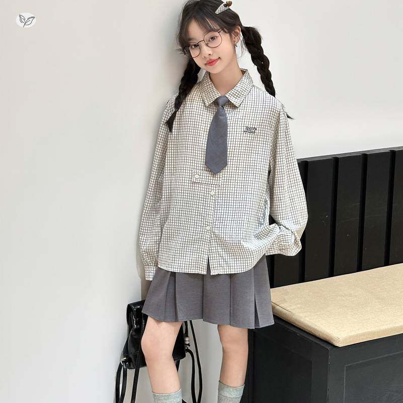 官方正品女童学院风套装2026春秋新款格纹衬衫百褶裙两件套中大童