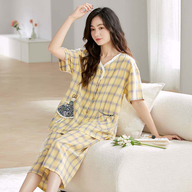官方正品睡衣女夏薄款梭织棉纯棉纱布短袖七分裤开衫款妈妈格子家