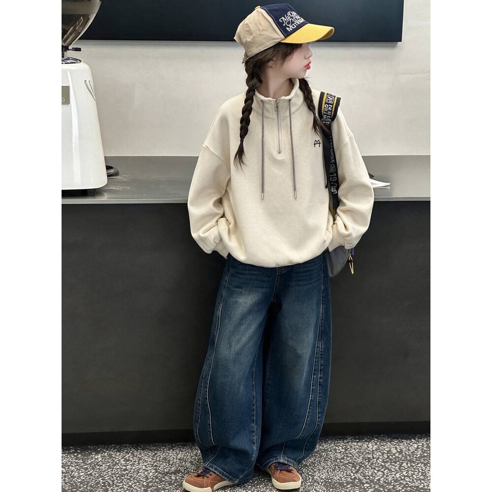官方正品女童卫衣套装春秋新款女孩立领上衣牛仔裤初中生大童秋装