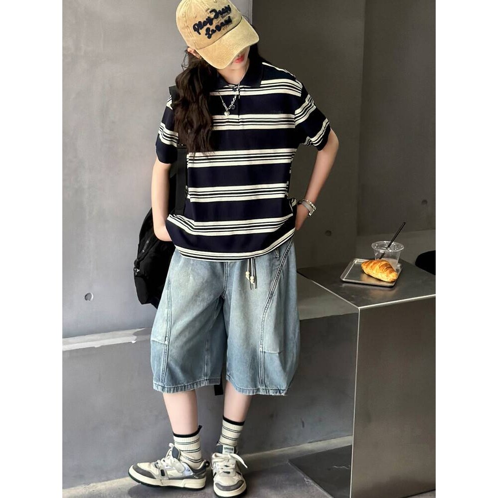 官方正品夏季女童polo衫套装女大童夏装新款小学生女孩短袖牛仔中