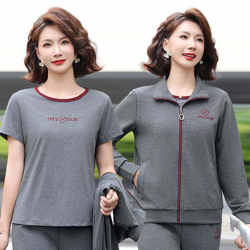 官方正品妈妈秋装休闲大码运动套装中老年女装春秋时尚短袖外套长