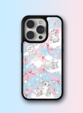 WF同款16promax淡蓝色丝带小猫咪手机壳适用15plus防摔14保护套iPhone13mini/12/11少女心xsmax