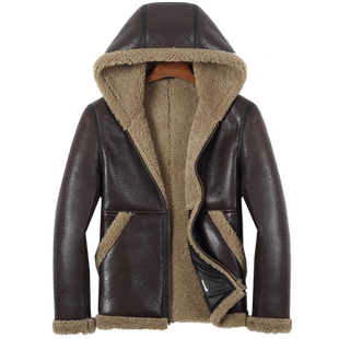 新连帽皮毛一体男皮衣夹克原生态外套真皮衣皮草羊毛羊羔毛羊剪绒