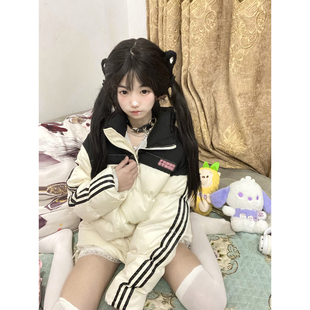 美式 外套小众街头学生加厚保暖面包服 复古拼接条纹棉服棉衣女冬季