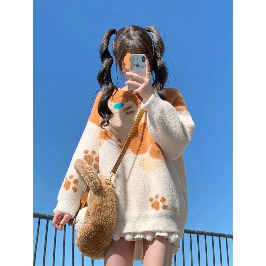 日系二次元橘猫加厚保暖毛衣