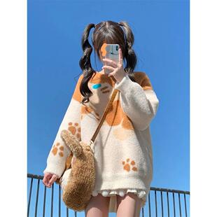 日系二次元橘猫毛衣萌系猫爪圆领可爱感学院风上衣秋冬季针织衫女