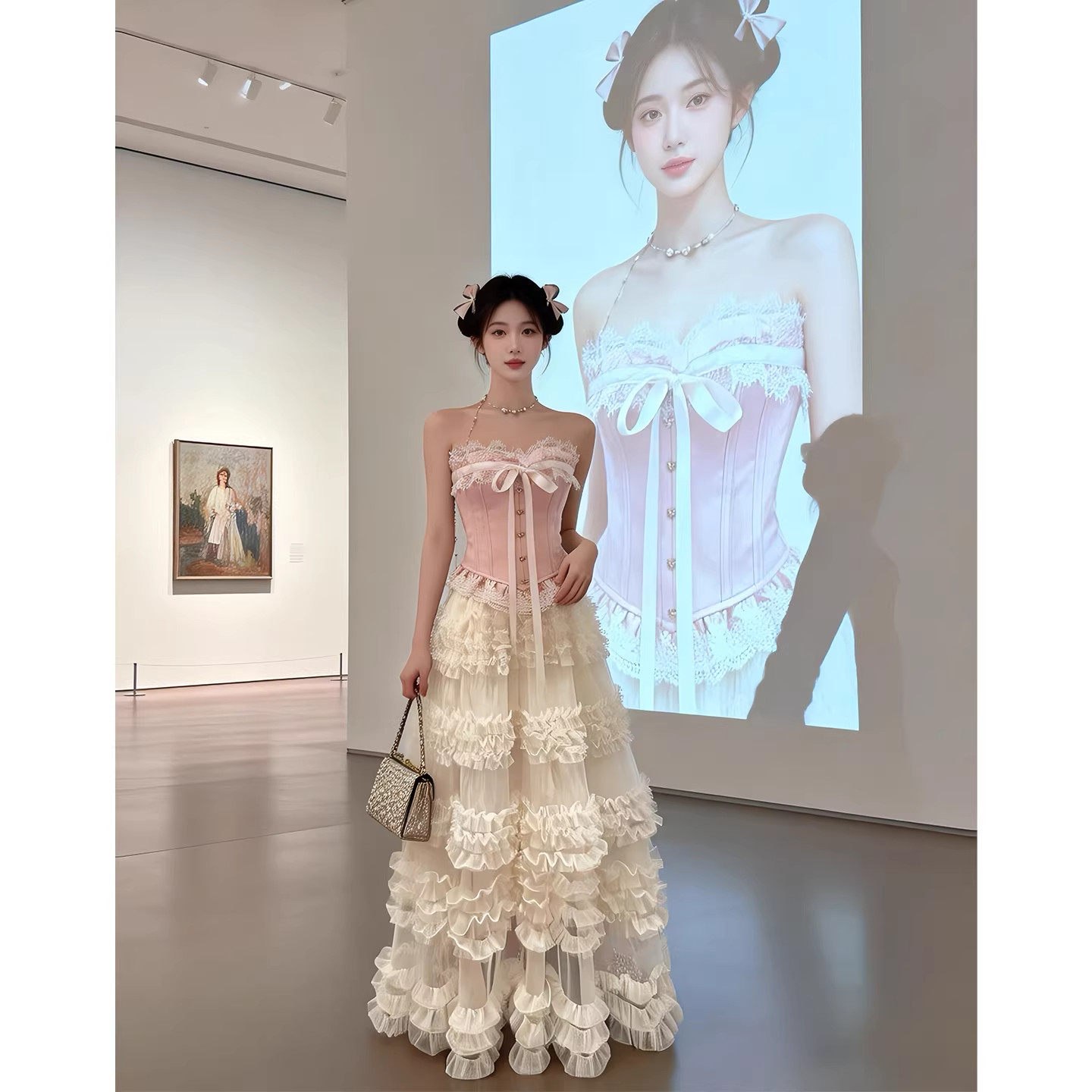毕业季甜美抹胸蕾丝蛋糕裙两件套