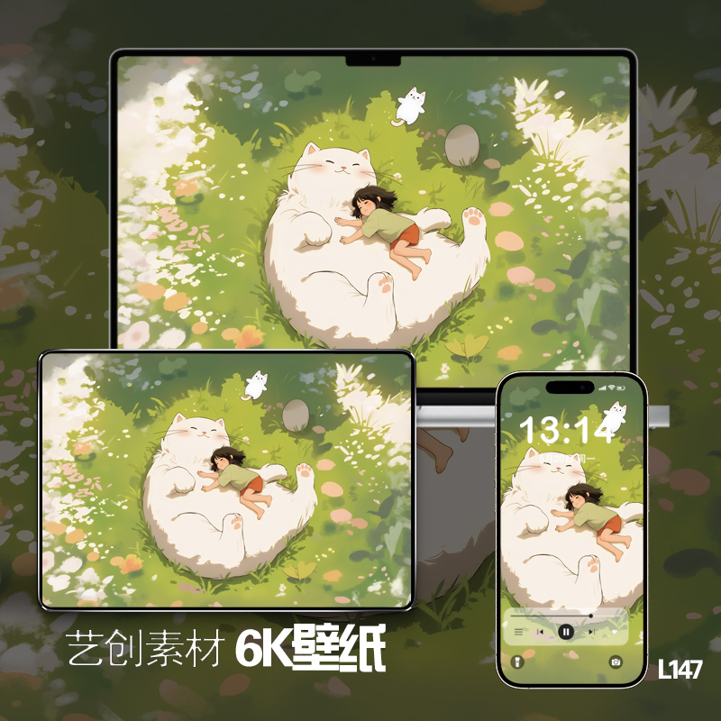 iphone苹果手机壁纸平板草地治愈女孩与猫插画mac电脑ipad壁纸图