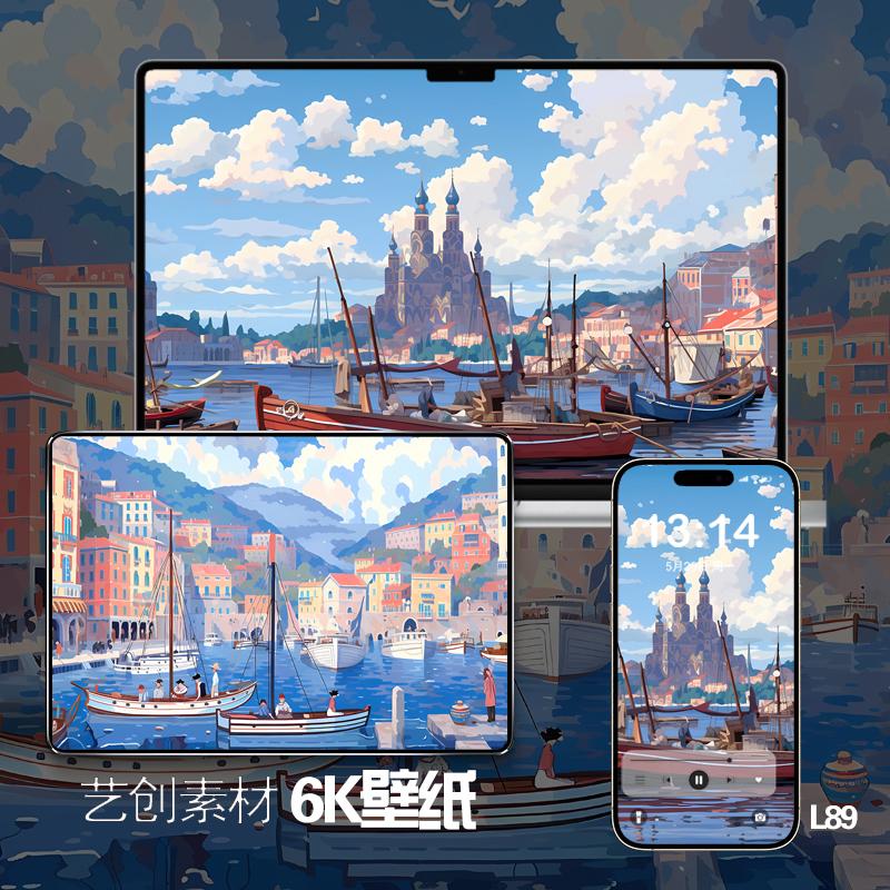 iphone苹果壁纸mac电脑ipad平板海滨故事码头插画超清屏幕壁纸