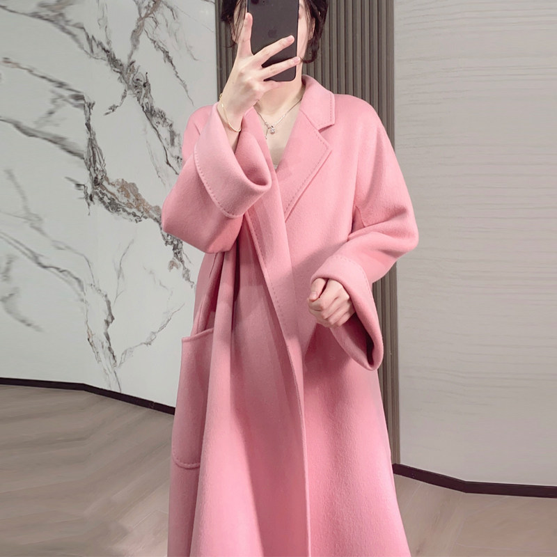 100%羊毛秋冬新款粉色双面羊绒大衣女中长款腰带浴袍羊毛呢子外套
