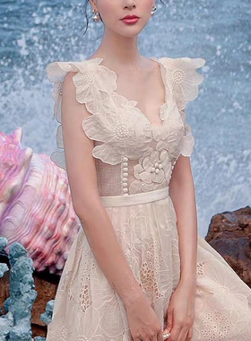 越南小众品牌珊瑚海洋公主气质名媛连衣裙小礼服欧根纱花朵仙女