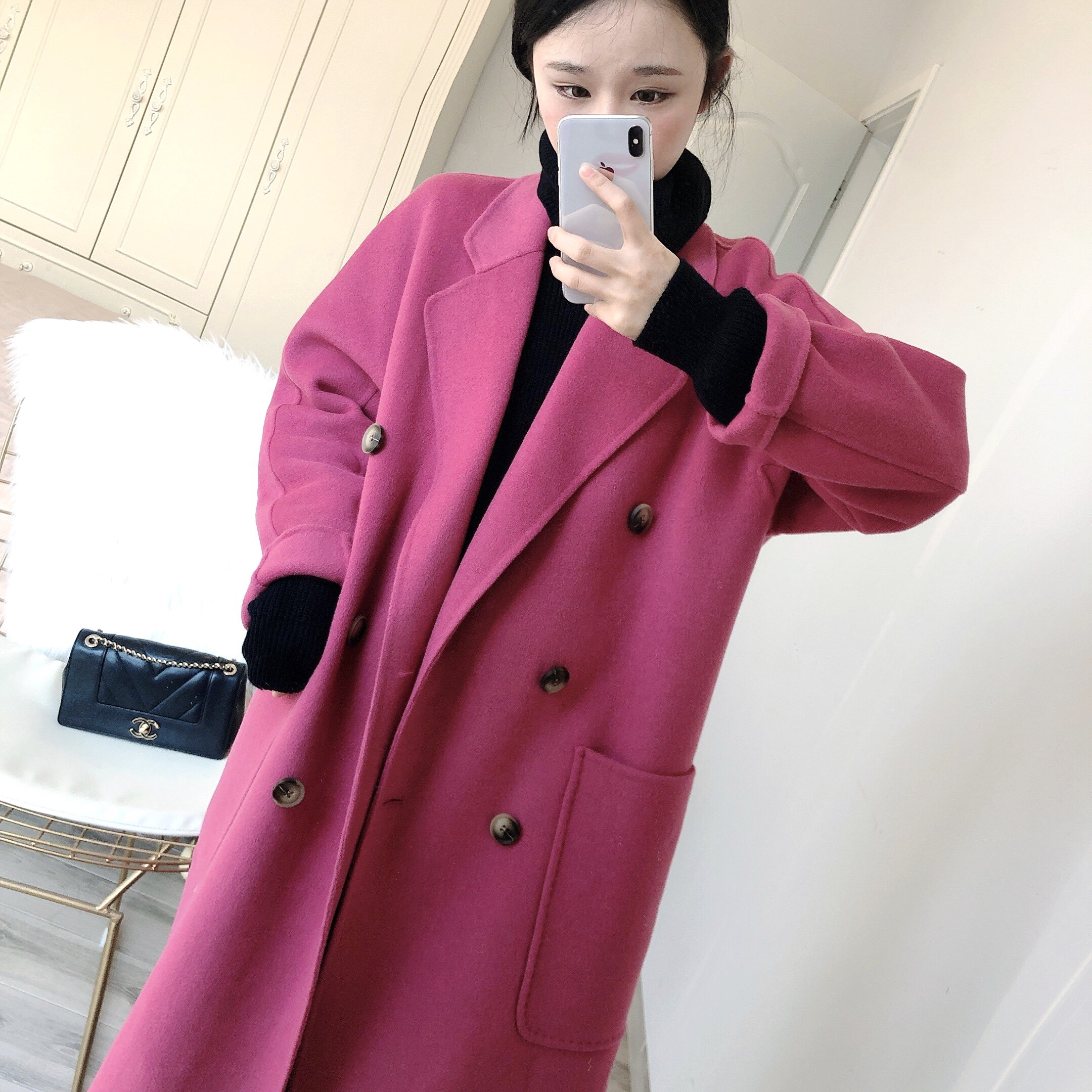 100%羊毛桃粉色双面羊毛大衣女20年韩国东大门中长款长呢子外套