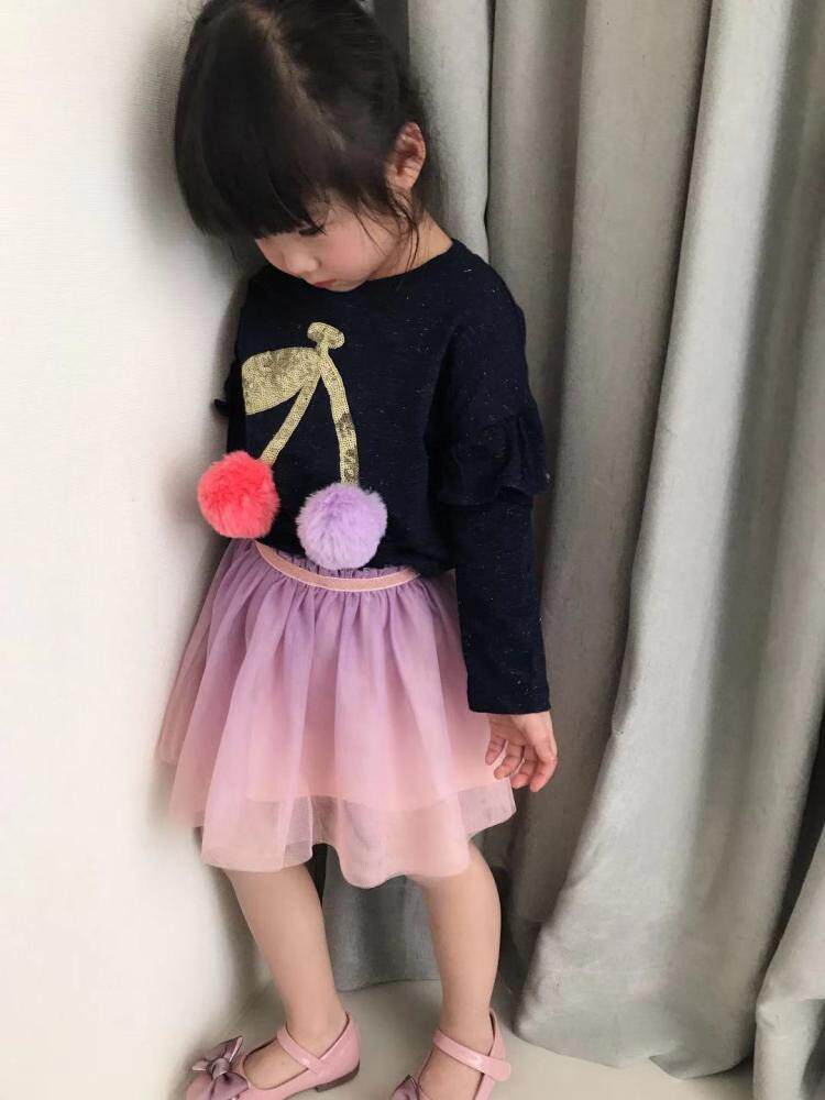 外贸原单 春款深蓝金线樱桃毛球女童长袖T恤短裙