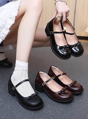 桃露露正品专柜玛丽珍鞋夏季新款蝴蝶结软底不累脚粗JK中跟单鞋女