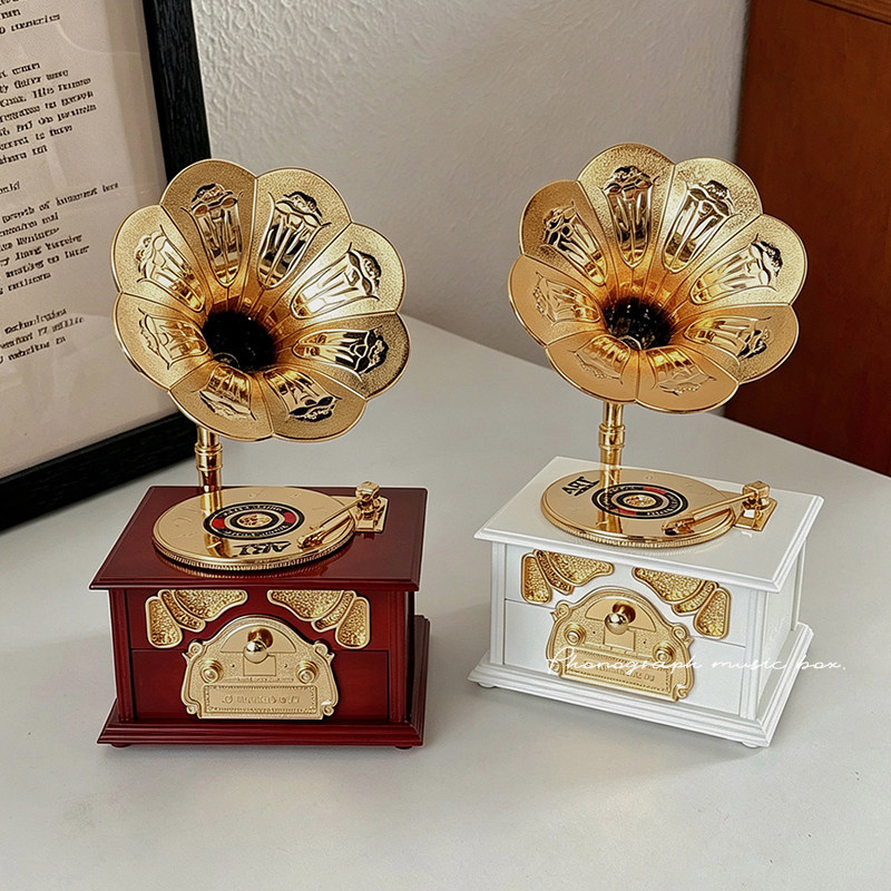 复古创意留声机音乐盒桌面摆件卧室书房客厅中古装饰八音盒唱片机