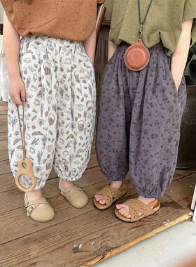 A类全棉棉麻凉凉防蚊裤女童碎花哈伦裤夏宽松可外穿儿童棉纱长裤