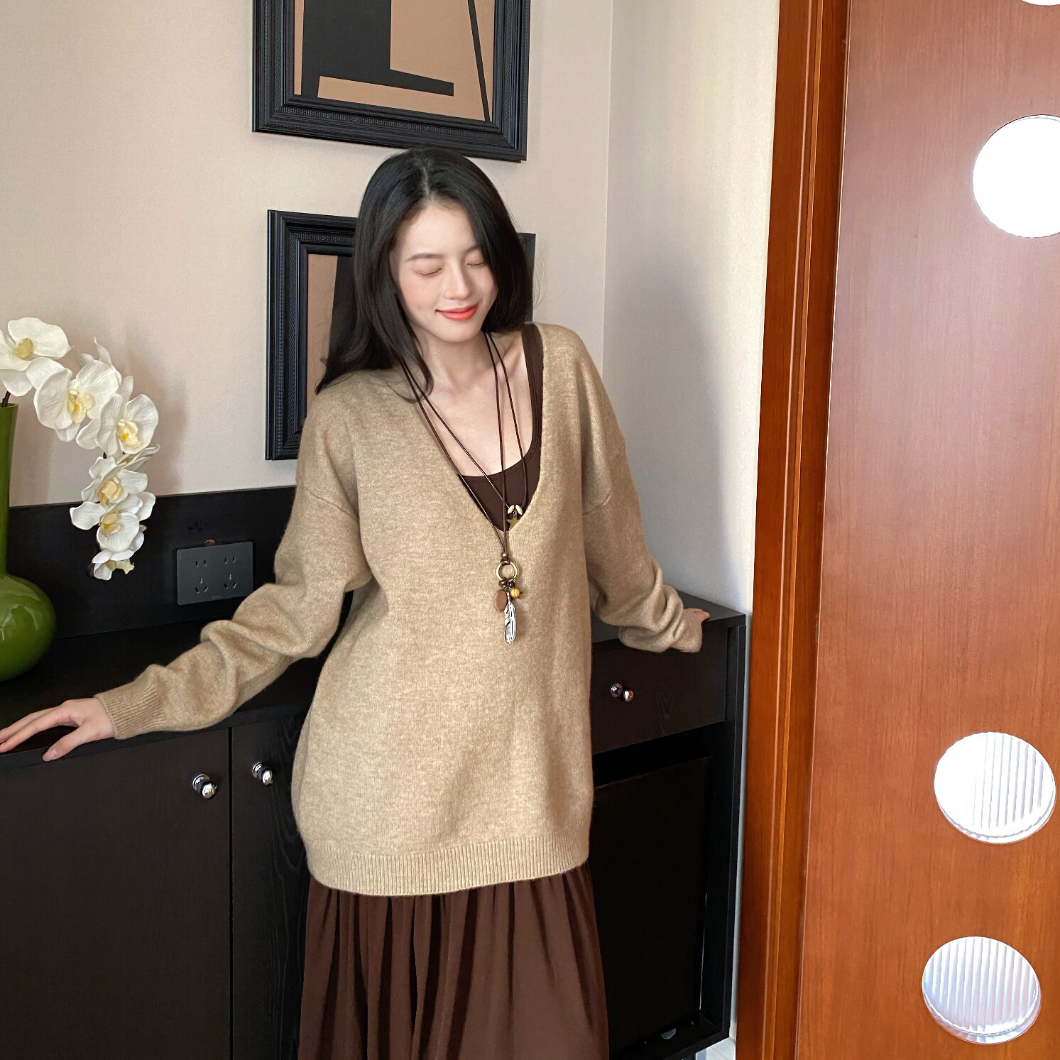 Bellaud Laze 秋冬大V领宽松绑带毛衣叠穿慵懒感套头针织上衣