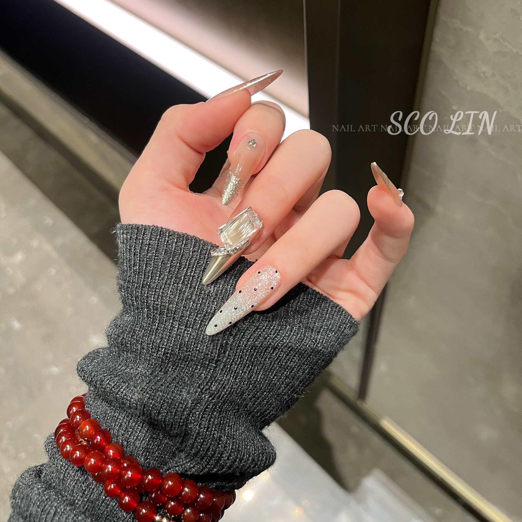 ScoLin【守护甜心】波点法式 施华洛手工定制美甲超长杏仁穿戴甲